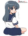  blue_eyes copyright_request expressionless eyebrows_visible_through_hair full_body grey_hair long_hair looking_at_viewer looking_back oekaki onija_tarou pleated_skirt school_uniform short_sleeves simple_background skirt sleeve_cuffs solo watermark web_address white_background 