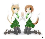  animal_ears bad_proportions copyright_request holding_hands kneeling multiple_girls nekotama school_uniform thighhighs zettai_ryouiki 