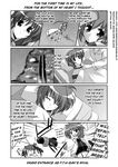  comic doujinshi fingerless_gloves gauntlets gloves greyscale hard_translated headband jacket lyrical_nanoha magazine_(weapon) magical_girl mahou_shoujo_lyrical_nanoha_strikers midriff mikage_takashi monochrome multiple_girls open_clothes open_jacket raising_heart revolver_knuckle shoes single_fingerless_glove single_gauntlet smoke subaru_nakajima takamachi_nanoha teana_lanster thighhighs translated twintails waist_cape winged_shoes wings 