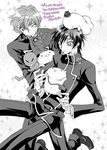  code_geass greyscale iyou kururugi_suzaku lelouch_lamperouge male_focus mizuno_poppo monochrome multiple_boys 