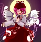  animal_ears beamed_sixteenth_notes brown_eyes dress eighth_note emurin hat microphone music musical_note mystia_lorelei one_eye_closed pink_hair purple_background short_hair singing solo touhou treble_clef wings 