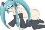  all_fours aqua_eyes aqua_hair ass detached_sleeves hatsune_miku kurappii long_hair nude solo thighhighs twintails vocaloid 