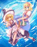  alice_margatroid blonde_hair blue_eyes book broom broom_riding foreshortening grin hat inuinui kirisame_marisa multiple_girls short_hair smile touhou witch_hat x_arms yellow_eyes 