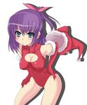  :&lt; bangs blue_eyes blush breasts christmas cleavage cleavage_cutout covered_nipples elbow_gloves embarrassed frown fujino_shion fur_trim gloves hair_ribbon hat hatsu_inu impossible_clothes kurou_(yugato) large_breasts leaning_forward leotard ponytail purple_hair red_gloves red_leotard ribbon santa_costume santa_hat shadow short_hair simple_background solo standing turtleneck 