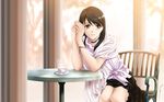  aizawa_kotarou bangs black_hair black_skirt bracelet brown_eyes chair choker cup elbow_rest eyebrows_visible_through_hair jewelry original own_hands_together parted_lips saucer shawl shirt sitting skirt solo swept_bangs table tea teacup white_shirt window 