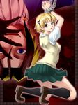  1girl blonde_hair blue_eyes brown_eyes chain cuffs katsuragi_yako kneeling majin_tantei_nougami_neuro multicolored_hair nougami_neuro school_uniform short_hair skirt socks vest yaso_shigeru 