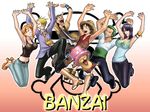  5boys black_hair blonde_hair breasts cleavage everyone green_hair hat kagami_hirotaka large_breasts long_nose monkey_d_luffy multiple_boys multiple_girls nami_(one_piece) necktie nico_robin one_piece orange_hair pink_hat roronoa_zoro sanji scar straw_hat tony_tony_chopper usopp 