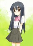  black_hair blush bow brown_eyes furude_rika higurashi_no_naku_koro_ni kusaka_souji long_hair pink_bow skirt solo suspenders 