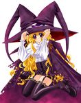  artist_request blonde_hair blush hat lilith_(yamibou) long_hair purple_eyes solo thighhighs very_long_hair witch_hat yami_to_boushi_to_hon_no_tabibito 