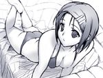  ass barefoot bikini blue breasts butt_crack cleavage couch hair_ornament hairclip lying medium_breasts monochrome ootomo_takuji sairenji_haruna short_hair soles solo swimsuit to_love-ru 