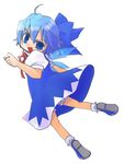  blouse blue_dress blue_hair bow cirno dress hair_bow ice ice_wings looking_at_viewer lowres makiemon open_mouth puffy_short_sleeves puffy_sleeves red_ribbon ribbon short_sleeves solo touhou wings 