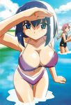  absurdres beach bikini blue_eyes blue_hair braid breasts cleavage covered_nipples day highres huge_breasts kokubunji_koyori multiple_girls nakahara_komugi nurse_witch_komugi-chan outdoors pink_hair scan shading_eyes swimsuit watanabe_akio wet 