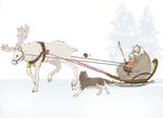  1girl animal antlers ayanami_rei bell blue_hair coat dog earmuffs fir_tree from_side full_body gloves hat holding lrk nagisa_kaworu neon_genesis_evangelion profile reindeer riding scarf short_hair sitting sled stick tree whip white_hair 