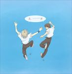  2boys :d \||/ ^_^ arms_up back black_hair black_pants blue_background closed_eyes from_above from_behind grey_hair ikari_shinji jumping lrk male_focus multiple_boys nagisa_kaworu neon_genesis_evangelion open_mouth outstretched_arms pants shared_speech_bubble shirt shoes simple_background smile sneakers speech_bubble white_shirt wristband 