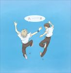  ! !! 2boys :d \||/ ^_^ arms_up back black_hair black_pants blue_background closed_eyes from_above from_behind grey_hair ikari_shinji jumping lrk male_focus multiple_boys nagisa_kaworu neon_genesis_evangelion open_mouth outstretched_arms pants shared_speech_bubble shirt shoes simple_background smile sneakers speech_bubble white_shirt wristband 