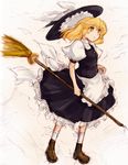  apron bangs black_hat black_skirt black_vest blonde_hair boots bow broom brown_footwear buttons closed_mouth eyebrows_visible_through_hair frilled_apron frills frown hat hat_bow hat_removed headwear_removed holding holding_broom kirisame_marisa kneehighs legs_apart long_hair puffy_short_sleeves puffy_sleeves shirt short_sleeves sketch skirt solo standing touhou vest waist_apron white_apron white_bow white_legwear white_shirt wind witch_hat yellow_eyes yueshiro_kou 