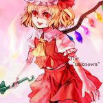  ascot blonde_hair crystal dress evil_smile flandre_scarlet frilled_sleeves frills hat holding holding_weapon mob_cap polearm puffy_short_sleeves puffy_sleeves red_dress red_eyes short_hair short_sleeves smile solo spear touhou weapon wings xero 