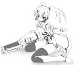  android closed_mouth expressionless flat_chest greyscale gun high_contrast looking_at_viewer mecha_musume monochrome phantasy_star phantasy_star_online racaseal sakana sitting solo thighhighs tsurime twintails wariza weapon white_background 