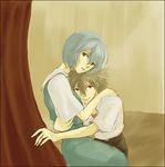  1girl ayanami_rei blue_dress blue_hair brown_hair collared_shirt couple curtains dress dress_shirt hetero hug indoors looking_at_viewer lrk nagisa_kaworu neon_genesis_evangelion red_eyes shirt short_hair upper_body white_shirt 