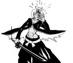  artist_request bankai bleach clare_(claymore) claymore cosplay crossover greyscale kurosaki_ichigo kurosaki_ichigo_(cosplay) monochrome solo sword tensa_zangetsu_(bankai) weapon 