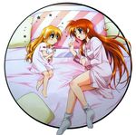  bed blonde_hair blush bunny heterochromia long_hair lying lyrical_nanoha mahou_shoujo_lyrical_nanoha_strikers multiple_girls okuda_yasuhiro pillow purple_eyes red_hair takamachi_nanoha vivio 