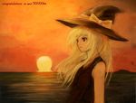  bangs black_eyes black_hat blonde_hair bow congratulations eyebrows eyebrows_visible_through_hair from_side fujikawa_daichi hat hat_bow hat_ribbon kirisame_marisa lace_trim long_hair looking_away ocean orange_sky outdoors ribbon sky solo sun sunset text_focus touhou upper_body water wind witch_hat 