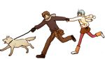  1girl :d ahoge alternate_costume animal ayanami_rei blue_hair brown_eyes brown_footwear brown_hair brown_pants brown_shirt brown_skirt cardigan clothes_around_waist covered_mouth dog dog_walking full_body grey_scarf holding holding_hands ikari_shinji leash leash_pull leg_warmers long_sleeves looking_at_another lrk miniskirt mittens neon_genesis_evangelion open_cardigan open_clothes open_mouth outstretched_arms pants pantyhose plaid plaid_shirt polka_dot pom_pom_(clothes) red_legwear running scarf shirt shirt_around_waist shoes short_hair skirt smile sneakers striped striped_legwear striped_scarf sweater transparent_background vertical-striped_legwear vertical_stripes white_footwear winter_clothes 