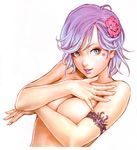  absurdres armband blue_eyes breast_hold breasts character_request copyright_request covering covering_breasts flower hair_flower hair_ornament highres lips medium_breasts nude parted_lips purple_hair simple_background solo star upper_body white_background yamashita_shun'ya 