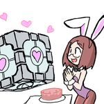  4chan animal_ears black_forest_cake bunny_ears bunnysuit cake cap-tan captain choker food glasses heart lowres pantyhose pastry portal portal_(series) semi-rimless_eyewear simple_background under-rim_eyewear weighted_companion_cube white_background 