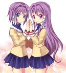  blue_eyes clannad fujibayashi_kyou fujibayashi_ryou hair_ribbon hikarizaka_private_high_school_uniform long_hair multiple_girls purple_eyes purple_hair ribbon school_uniform short_hair siblings subaru_(yachika) twins 