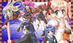  aqua_eyes baseball_bat baseball_mitt blue_eyes blue_hair bow brown_hair eating hiiragi_tomoka kamikita_komari kurugaya_yuiko little_busters! long_hair multiple_girls natsume_rin nishizono_mio noumi_kudryavka orange_hair pink_bow pink_hair plaid plaid_skirt ponytail red_eyes saigusa_haruka school_uniform short_hair skirt striped striped_legwear thighhighs very_long_hair 