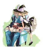  1girl armchair back black_dress black_footwear black_hat blonde_hair book bow box braid chair closed_mouth dress frilled_bow frilled_dress frilled_sleeves frills glasses hat hat_bow kirisame_marisa kneehighs long_sleeves morichika_rinnosuke nanami_sano opaque_glasses open_book puffy_short_sleeves puffy_sleeves reading ribbon shirt shoes short_sleeves sitting smile tasuki touhou white_bow white_legwear white_ribbon white_shirt witch_hat wrist_cuffs yellow_eyes 