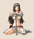  aisha_(ash) archaic_sealed_heat ash_(game) brown_eyes brown_hair crown gauntlets greaves hands_on_hilt hat imo_works long_hair sitting solo sword wariza weapon 