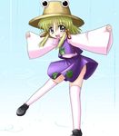  blonde_hair bococho frog grey_eyes hair_ribbon hat moriya_suwako open_mouth ribbon smile solo standing standing_on_one_leg thighhighs touhou wide_sleeves 