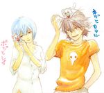  1girl :d ayanami_rei blue_hair brown_eyes brown_hair collarbone contemporary head_tilt looking_at_viewer lrk nagisa_kaworu neon_genesis_evangelion open_mouth red_eyes shirt short_sleeves simple_background smile t-shirt translation_request upper_body white_background white_shirt 