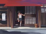  androgynous brown_eyes brown_hair holding kneehighs leg_up natori_(natorism) open_door open_mouth original pot raglan_sleeves shirt shoes short_hair sliding_doors solo t-shirt towel white_legwear wooden_wall 