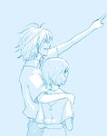  1girl :d antenna_hair ayanami_rei blue collared_shirt dress dress_shirt from_behind lrk monochrome nagisa_kaworu neon_genesis_evangelion open_mouth outstretched_arm shirt smile 