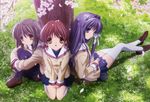  artist_request clannad fujibayashi_kyou furukawa_nagisa highres hikarizaka_private_high_school_uniform ibuki_fuuko multiple_girls official_art petals school_uniform serafuku thighhighs zettai_ryouiki 