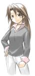  brown_eyes brown_hair collared_shirt copyright_request hand_on_hip ikune_juugo long_sleeves looking_at_viewer pants shirt simple_background solo white_background 
