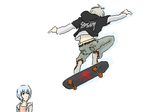  1girl ayanami_rei clothes_writing contemporary long_sleeves lowres lrk nagisa_kaworu neon_genesis_evangelion nerv oekaki outstretched_arms red_eyes short_hair silver_hair simple_background skateboard spread_arms white_background 