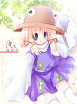  ai_takurou animal_print bangs blonde_hair child duplicate fang frog_print hair_ribbon hand_on_headwear hat kneehighs moriya_suwako plant purple_eyes purple_skirt red_ribbon ribbon shirt short_hair skirt smile solo thighhighs touhou white_legwear white_shirt wide_sleeves zettai_ryouiki 