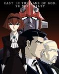  2boys android bald big_o_(mecha) black_dress black_hair bob_cut brooch dress facial_hair formal grey_hair hairband jewelry maid mecha multiple_boys mustache necktie norman_burg r_dorothy_wayneright red_hair roger_smith short_hair suit the_big_o 