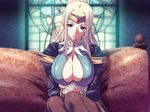  black_legwear blonde_hair blue_eyes braid breasts circlet cleavage cleavage_cutout couch dress eleanor_(toriko_no_hime) elf floral_print game_cg gem huge_breasts indoors long_hair looking_at_viewer m&amp;m mature no_bra pointy_ears ponytail sitting smile solo stained_glass thighhighs toriko_no_hime turtleneck window 
