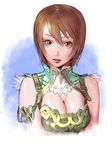  bangs breasts brown_eyes brown_hair cleavage copyright_request large_breasts lipstick makeup short_hair solo sugiura_yoshio 