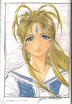  90s aa_megami-sama absurdres belldandy blonde_hair blue_eyes closed_mouth colored_pencil_(medium) earrings face facial_mark forehead_mark highres jewelry light_smile long_hair murata_toshiharu portrait scan school_uniform solo traditional_media upper_body 