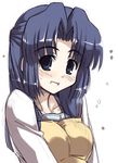  :d apron asakura_ryouko bangs blush breasts collarbone flying_sweatdrops half_updo long_hair long_sleeves looking_at_viewer medium_breasts open_mouth parted_bangs purple_eyes purple_hair simple_background smile solo suzumiya_haruhi_no_yuuutsu tokyo_(great_akuta) upper_body white_background yellow_apron 