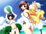  arms_up ball beach beachball bikini black_hair brown_eyes brown_hair day duplicate grey_eyes highres hiroyama_hiroshi jacket maria-sama_ga_miteru multiple_girls nijou_noriko ocean swimsuit toudou_shimako watermark 