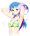  adjusting_hair armpits arms_up bikini bikini_top blue_hair cruccu long_hair multicolored multicolored_bikini multicolored_clothes original red_eyes solo swimsuit 