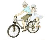  1girl ayanami_rei bicycle blue_hair collarbone contemporary dress full_body ground_vehicle hood hood_down hooded_sweater long_sleeves looking_at_viewer lowres lrk multiple_riders nagisa_kaworu neon_genesis_evangelion pillion riding short_sleeves sidesaddle silver_hair simple_background sitting sundress sweater white_background white_dress 