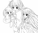  2girls ahoge alastor_(shakugan_no_shana) artist_request buttons child couple eating family father_and_daughter gakuran greyscale hetero holding if_they_mated jewelry long_hair long_sleeves monochrome mother_and_daughter multiple_girls pendant pregnant sakai_yuuji school_uniform shakugan_no_shana shana simple_background upper_body very_long_hair white_background 
